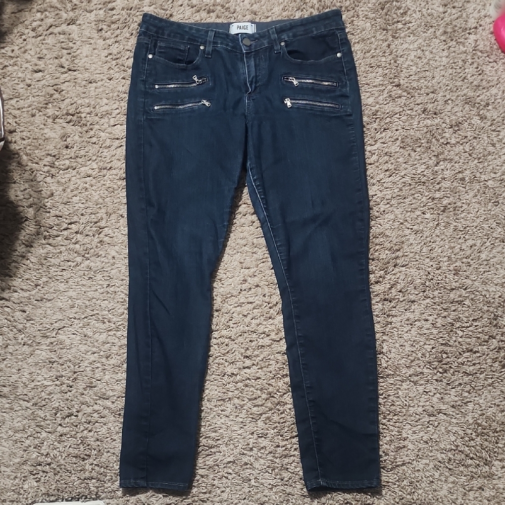PAIGE Women's Dark Blue Skinny Jeans with Zipper Details
